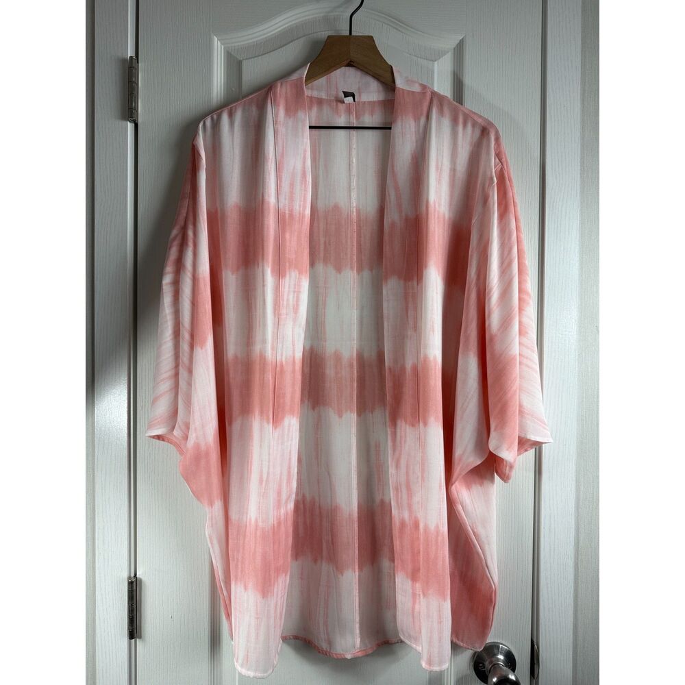 Lane Bryant Women's White Pink Tie Dye Open Front Kimono Top Size 14 / 16